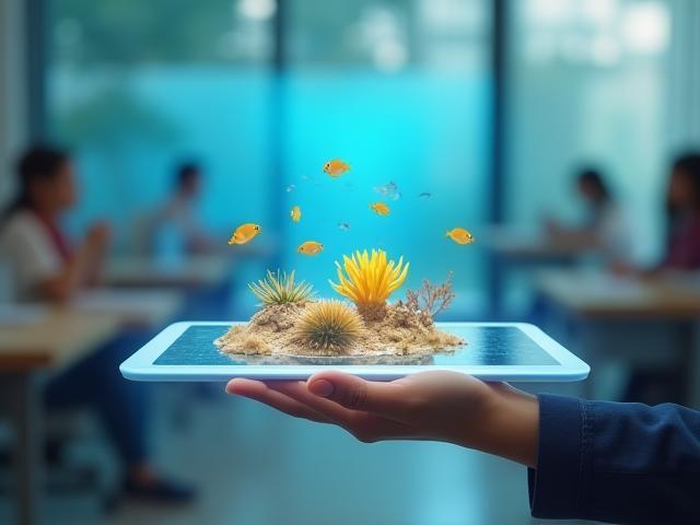 Une main tenant une tablette affichant un récif corallien en réalité augmentée, symbolisant la fusion de la technologie et de la vie marine.