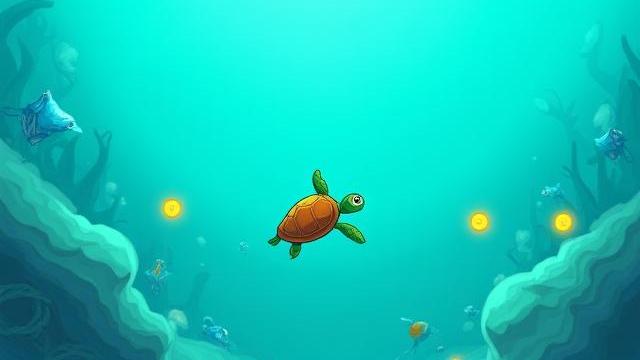 Capture d'écran stylisée d'un jeu mobile montrant une tortue marine nageant à travers des obstacles comme des sacs plastiques et des filets de pêche, avec des éléments de collecte interactifs.