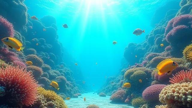 Capture d'écran de l'expérience VR 'Voyage au Cœur du Récif', montrant un joueur explorant un récif corallien vibrant avec des poissons colorés.