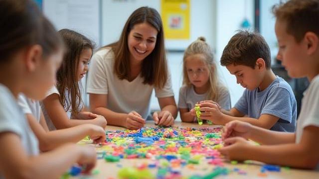Photo d'un atelier interactif pour enfants et adultes sur le thème du plastique dans les océans, avec des participants manipulant des déchets recyclés pour créer de l'art, encadrés par un animateur souriant.